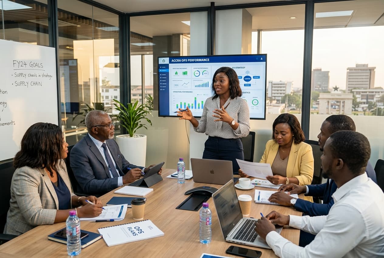 African corporate executives and business operations team conducting a strategy meeting in an Accra office.